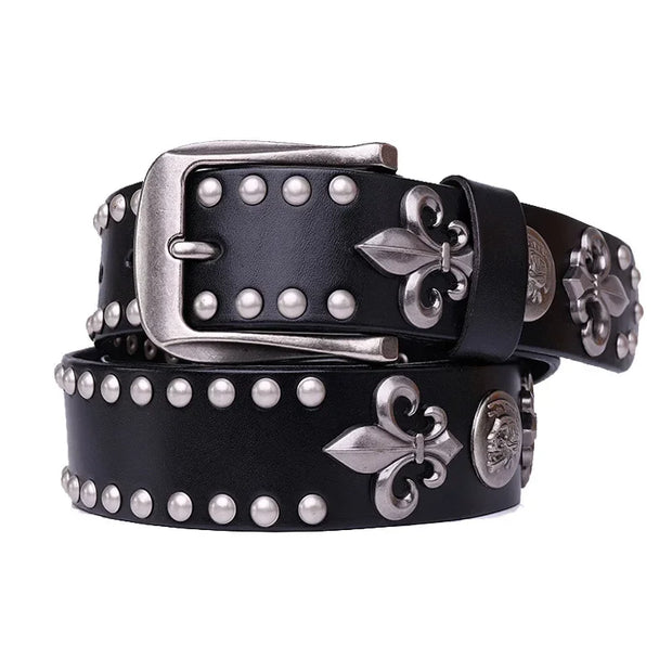 High Quality Metal Rivet Cowboy Belt Top Grain Genuine Leather Cowskin Men Belt Punk Rivet Jeans Belts For Men - Black